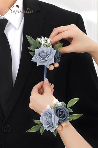 Serwalin Blue Rose Corsage and Boutonniere Set, 2Pcs Dusty Blue Boutonniere and Wrist Corsage Wristband Prom Flower for Wedding Flowers Accessories Prom Suit Decorations - color: Dusty Blue, size: 1 Boutonniere & 1 Wrist Corsage - 2pcs