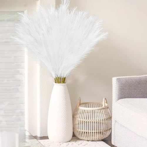 obbsie 35" White Faux Pampas Grass Decor, 8pcs Large Tall Fluffy Artificial Pompous Grass Branches for Floor Vase Filler Flower Arrangement for Home Wedding - color: White, size: 8 PCS