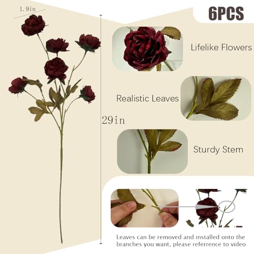 6 Pack 30" Artificial Peonies Flowers for Vase, Fake Silk Peony Long Stem Flowers for DIY Bouquets Wedding Centerpieces Home Decor (Red) - color: Red