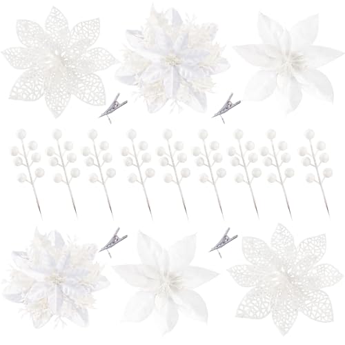 Sggvecsy 30 Pcs 3 Styles Christmas Glitter Poinsettia Flowers Artificial Berry Picks Christmas Tree Ornaments Artificial Christmas Flowers with Clips for Xmas Wedding Wreath Floral Decorations(White) - color: White