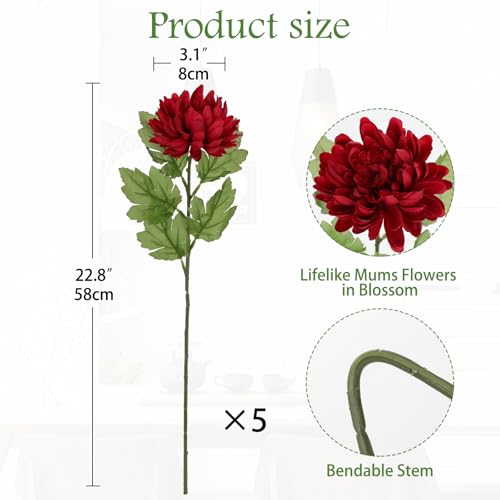 Hollyone 5Pcs Fake Mums Flowers Red Artificial Chrysanthemum Flowers Silk Long Stem Floral Arrangements Bouquets Faux Spider Mum Flower Pincushion Flower Bush Home Decor - color: Red