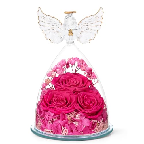 Mothers Day Flowers Gifts for Mom Flowers for Delivery Preserved Flowers Forever Real Fresh Roses in Glass Angel Figurines Birthday Gifts for Women Anniversary Present for Grandma Wife from Daughter - color: Rose Red (Rose, Baby's Breath, Hydrangea)