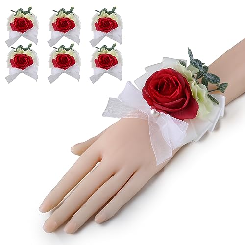 Red Rose Wrist Corsage Bracelets, 6 Pack Artificial Flower Hand Wrist Corsages with White Sheer Ribbon Pearl, Wedding Bridal Bridesmaid Wrist Flower for Prom Party Anniversary Wedding Decor - color: 6red, size: six (flower)