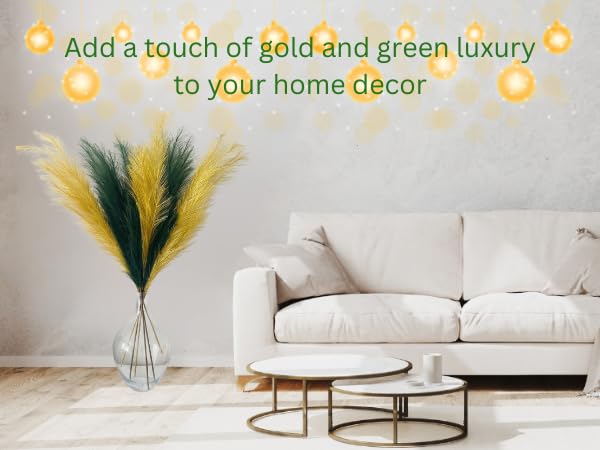 RyddeligHome Gold Pampas Grass Decor Living Room Holiday Decor, Home Accent Decor, Gold Feathers Floral Picks, Faux Pampas Grass Tall Large Fluffy, 3 Stems x 115cm/45in