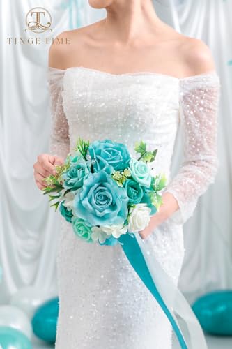 TINGE TIME 9 inch Bridal Bouquets for Bride, Artificial Silk Flowers Tossing Bouquet, Bride Bouquets for Wedding,Ceremony, Anniversary (TealBlue) - color: Teal Blue