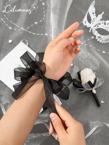 Prom Corsage and Boutonniere Set Black,Artificial Silk Rose Wrist Corsage for Homecoming, Formal Dance Party, Wedding,Graduation,Anniversary - color: Black