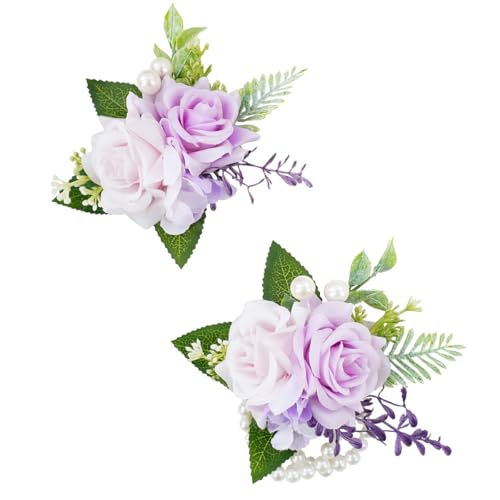 Purple Corsage and Boutonniere Set for Wedding Prom, Artificial Rose Flower Wrist Corsage Bracelets, Homecoming Corsage Wristlet, Boutonniere for Men Wedding Suit Decorations - color: Purple