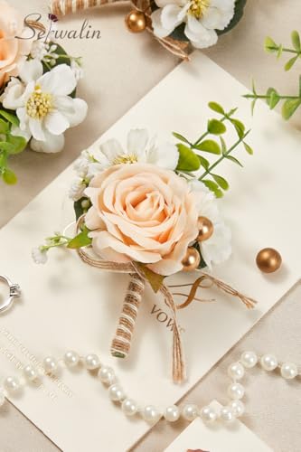 Serwalin 6PCS Champagne Rose Boutonniere for Men Wedding Groom Groomsmen Best Man Boutonniere for Wedding Ceremony Anniversary Prom Flowers Formal Dinner Party - color: Champagne, size: Boutonniere 6pcs