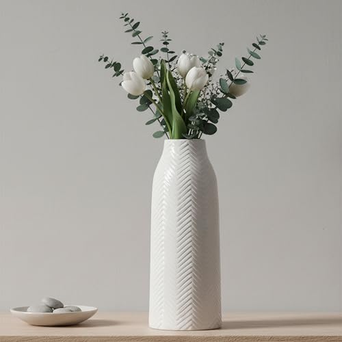hjn Large White Vase for Flowers Ceramic Vase for Home Decor Tall Vases for Your Floor/Kitchen/Office/Living Room/Table- White Texture(Large) - size: 7D'' x 18"H