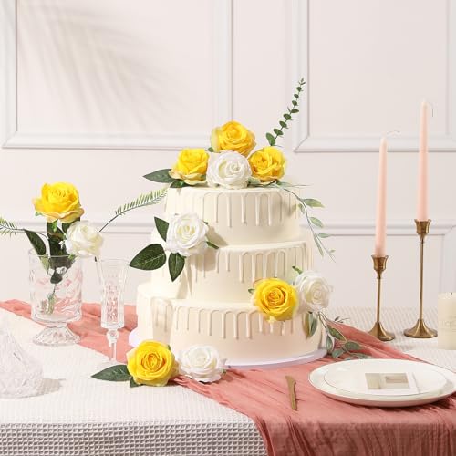 Tifuly Yellow Roses Artificial Flowers -12 pcs Realistic Single Long Stem Fake Silk Roses Bouquet for Party Home Wedding Centerpiece Office DIY Decor - color: Yellow