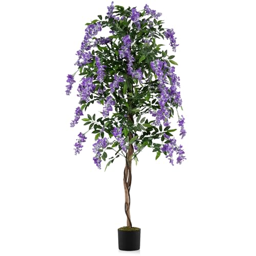 Goplus 6FT Ficus Artificial Tree, Faux Wisteria Tree in Nursery Pot with Purple Lifelike Flowers, Fake Potted Tree Greenery Floor Plant for Indoor Home Office Porch Living Room Decor - color: Purple, size: 6ft