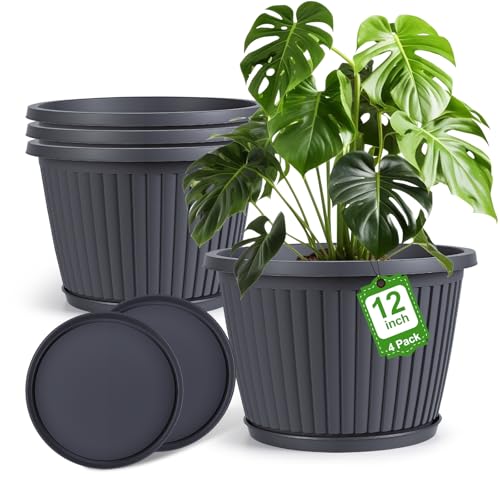 12-inch-Planters-for-Outdoor-Plant，Plastic Indoor Flower Pots with Drainage Holes & Saucer, 4 Packs Decorative Garden Pots for Plantfor Home Porch Decor - color: Gray, size: 12 inch-4 Pack