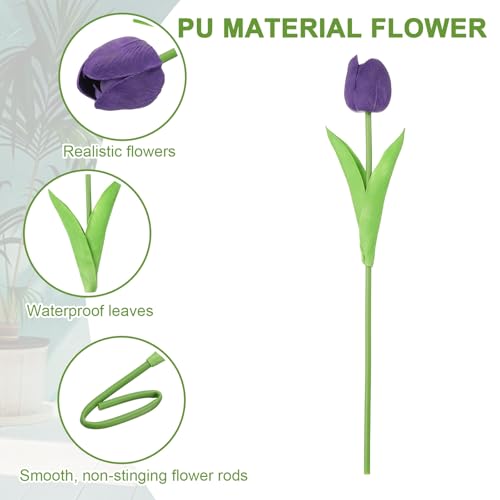 uxcell 20pcs Tulips Artificial Flowers, Faux Flowers Silk Fake Tulip Stems Real Touch for Wedding Bouquet Centerpiece Table Party Decoration(Dark Purple) - color: Dark Purple