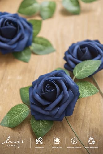 Ling's moment Artificial Flowers 25Pcs Deep Navy Blue Roses Decor w/Stems,3" DIY Foam Floral for Wedding Bouquet/Centerpieces, Outdoors Party Backdrop, Room/Table, and Garden/Pot Decor - color: Blu- Navy Blue, size: 25Pcs