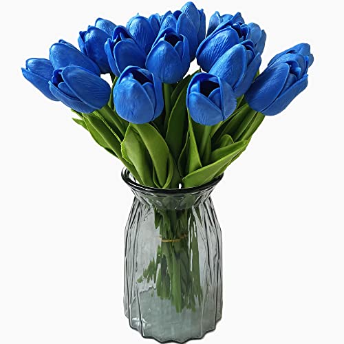 UKELER 24 Pcs Artificial Tulip Flowers Blue Fake Tulips with Stems Real Touch PU Tulips for Wreath Wedding Bouquets Table Centerpiece Floral Arrangement Home Décor 13.5" Tall - color: Dark Blue