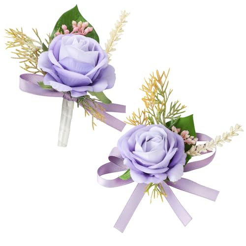 Alizeal 2Pcs of Wrist Corsage and Boutonniere Set, Artificial Flowers Accessories Suit Decor for Wedding Prom Party Homecoming Ceremony, Pale Purple - color: 701-pale Purple