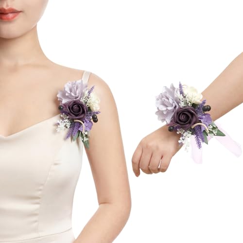 Ling's moment 2pcs Prom Wrist/Shoulder Corsage Artificial Flower, Girl/Mother Homecoming/Wedding Corsage Wristlet Décor, etc. Purple Lavender Lilac - color: Prpl-purple Lavender & Lilac