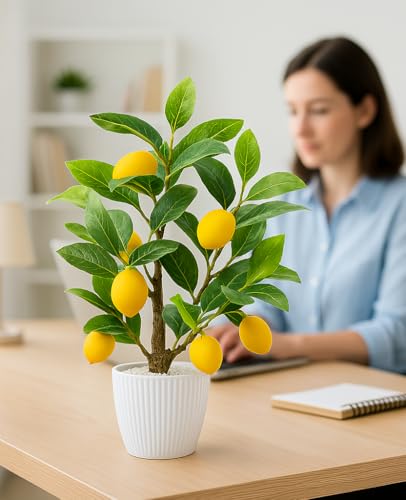 AceList Artificial Lemon Tree with White Pot, 18” Faux Citrus Plant for Kitchen, Bathroom, Office or Shelf Decor, Vibrant Year-Round Home Accent Gift - color: Lemon