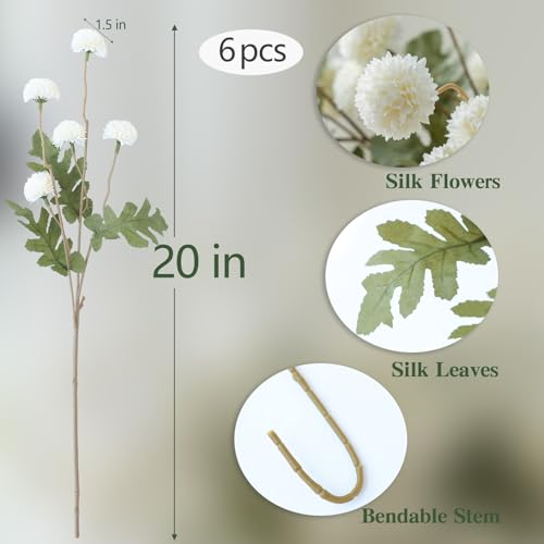 mizii 6Pcs White Fake Silk Pompon Mum Artificial Flowers Bulk Small Faux Chrysanthemums with Stems Realistic Floral Decorations for Wedding DIY Bouquet Centerpieces Shower Vase Home Decor (White) - color: White