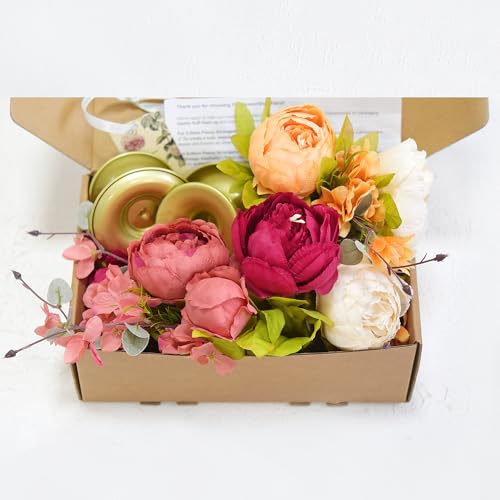 FiveSeasonStuff Sunset Whisper Artificial Peony & Hydrangea Bouquets, 2 Silk Flower Bundles with 2 Gold Taper Candle Holders, Cream Apricot & Berry Red Centerpiece for Home & Wedding Tables - color: Sunset Whisper