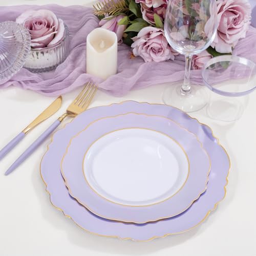WDF 60pcs Purple Plates Disposable with Gold Rim - Baroque Light Purple Plastic Plates - Lavender Plates for Spring/Wedding/Birthday - color: Purple and White, size: 60PCS