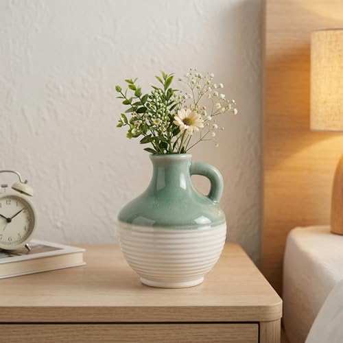 Sunddo Green and White Vase for Living Room, 6 Inch Small Ceramic Vase, Modern Pitcher Flower Vases Home Decor, Office Desk, Windowsill, Bathroom, Wedding Table Decor - color: Mist Green, size: 6 Inch