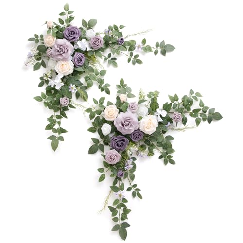 Ling's moment 2PCS Artificial Flower Garland Light Purple Floral Swags Wedding Arch Flowers Lilac Table Centerpieces Decoration Rose Garlands Greenery Arrangements for Sweetheart/Head Table Decor - color: Prpl-lilac
