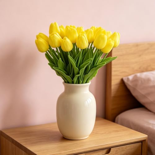 PU Real Touch Tulips Artificial Flowers 20Pcs Fake Flowers Arrangement Bouquet for Home Office Wedding Decoration (Yellow) - color: Yellow 20pcs