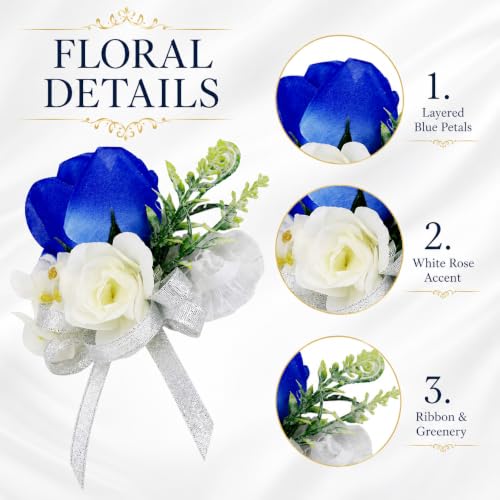 ChezMax Handmade Rose Wrist Flower Artificial Hand Flower with Ribbon 4 PCS for Bride Groom Wedding Prom Party - color: A-blue Wrist Flowers-4 Pcs