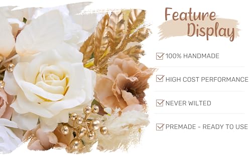 Wedding Arch Flowers with Drapes Kit (Pack of 4) - 2pcs Artificial Beige Deluxe Swag with 2pcs Sheer Drapes for Wedding Ceremony Arbor Reception Backdrop Rose Floral Decoration - color: Beige