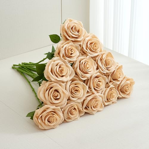 15pcs Fake Roses Artificial Silk Flowers Faux Rose Flower Long Stems Bouquet for Arrangement Wedding Centerpiece Party Home Kitchen Decor - color: 15pcs Beige