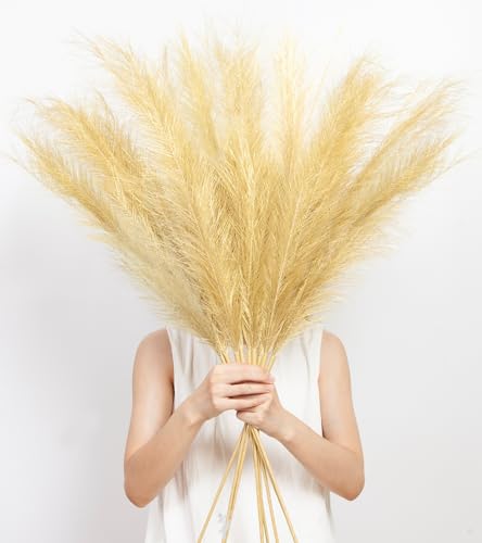 9 Pcs 45" Tall Pampas Grass Gold Decor, Long Stem Artificial Flower Floor Vase Large Faux Floral Pompas Fake Plants Dried Bouquet Arrangement Vase Filler for Boho Home Wedding Decoration - color: 9 Pcs 45" Gold Style