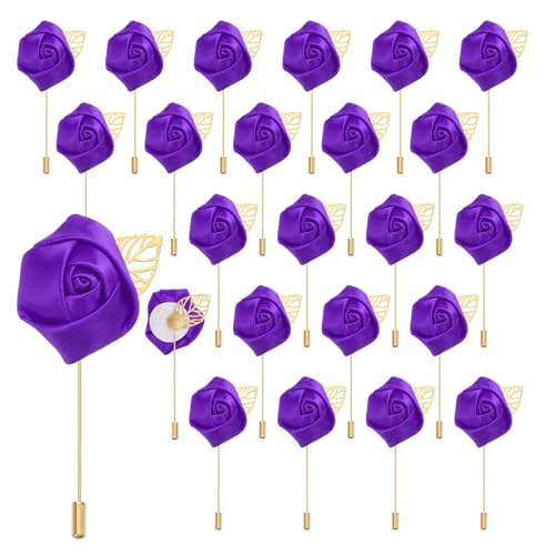 uxcell 24pcs Deep Purple Rose Boutonnieres Flower Buttonholes Pocket Boutonnieres Pins for Wedding Ceremony Anniversary Prom Formal Dinner Party - color: Deep Purple