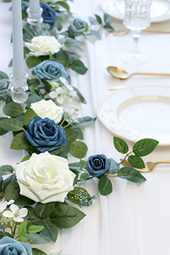 PONATIA 5FT Handcrafted Artificial Rose Flower Garland, Dusty Blue Flowers Greenery Garland for Wedding Ceremony Garlands Backdrop Arch Flowers, Ceremony Reception Table Decorations - color: Dusty Blue & Navy Blue