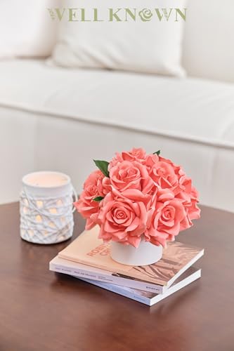 Artificial Rose Bouquet in Ceramic Vase, Silk Flower Arrangement in Pot, Real Touch Fake Flowers with White Vase for Wedding Home Centerpiece Coffee Table Bathroom Anniversary Decor & Gift (Coral) - color: Rose, Coral