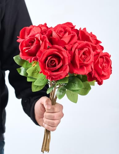 PONKING 3.5"(9cm) Big Rose Artificial Flower 12pcs Realistic Faux Silk Roses Fake Flowers Bouquets Arrangements Decor for Wedding Mother's Day, Home Table Christmas Valentine Decorations, Red Flower - color: D 12pcs Red Rose