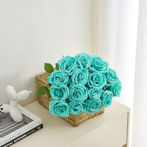 15pcs Fake Roses Artificial Silk Flowers Faux Rose Flower Long Stems Bouquet for Arrangement Wedding Centerpiece Party Home Kitchen Decor - color: 15pcs Tiffany