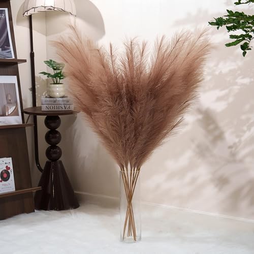 Premium Faux Khaki Pampas Grass – 43.3" Tall Fluffy Earth-Toned Decor, 8pcs 18-Branch One-Piece Stems No Assembly, Luxury Silk Feather Flowers for Boho Military Green Decor,Olive Beige 8 Stems110cm - color: Faux Khaki, size: 8pcs 43.3"(110cm)