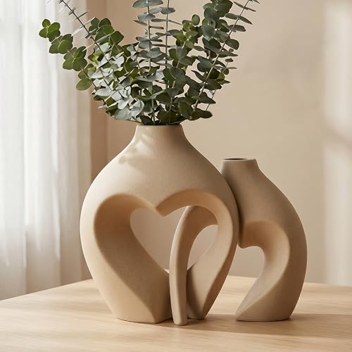 Brown Ceramic Flower Vases Home Decor Heart Shaped Vase Set of 2 Nordic Heart Shaped Vases, Minimalist Decorative Vase for Table Centerpiece Wedding Dining Living Room Office House Decoration - color: Brown
