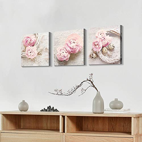 Hardy Gallery Floral Picture Canvas Wall Art: Innocence Pink Peony Flower Wreath Photographic Prints for Decor - color: Pink picture, size: 16'' x 16'' x 3 Panels