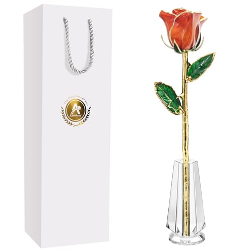 AliveRose Gold Dipped Rose, 24K Gold Rose Made from Real Rose - Unique Design Gold Plated Rose for Anniversary Valentines Mothers Day Birthday Gifts (Orange Original with Crystal Vase) - color: 7. Orange Original Rose With Crystal Vase