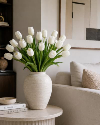 20 Artificial Tulip Flowers – Real Touch Faux Tulips Bouquet for Home Decor, Wedding Centerpieces, Bridal Arrangements, Office, and Spring Floral Decorations (20, White)