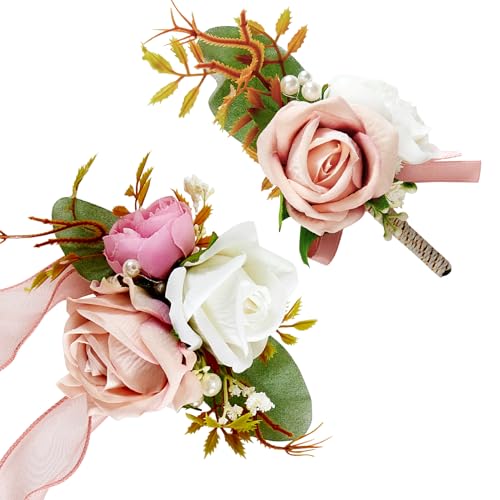 SITUMEIZI 2Pcs Pink Corsage and Boutonniere Set Wrist Corsage Bracelets and Boutonniere for Men Wedding Prom Party Suit Decor - color: Pink