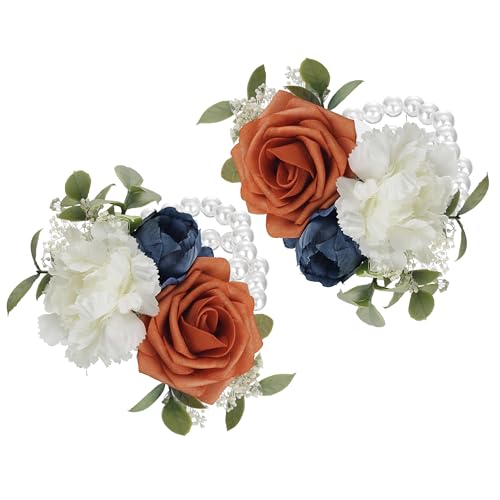 Rinlong 2Pcs Navy Terracotta Wrist Corsage for Wedding, Prom, Homecoming | Bridesmaid, Mother of the Bride Corsage - color: 12-navy & Terracotta