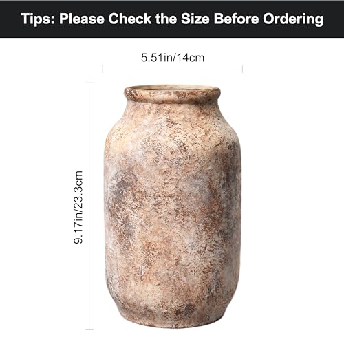 Rustic Terracotta Vase, Farmhouse Ceramic Vase, Decorative Clay Vintage Vases for Home Decor, Living Room,Table, Shelf Decor, 9 inch, Brown - color: Orange
