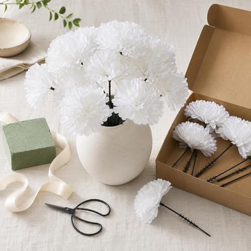 Larksilk 100 Pack Artificial Carnations - Bulk Silk Flowers for Weddings, Mother's Day, Graduations, Easter & Memorial Day - 3.5" Heads, 5" Stems, Real Touch Petals, 18 Colors Available - White - color: White, size: 100