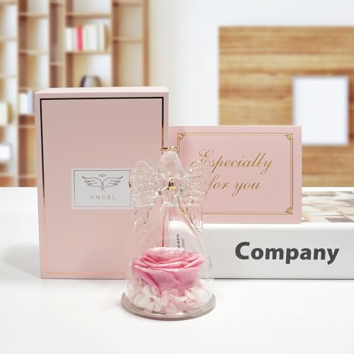 Miofula Gifts for Mom Birthday Gifts for Women, Preserved Flowers Rose in Glass Angel Figurines, Fresh Flowers for Delivery Anniversary Forever Real Roses Gifts for Mothers Grandma Her Wife Girlfriend - color: Pearlescent Pink