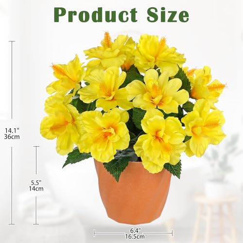 Briful Artificial Hibiscus Flowers in Pot, 14.1" Faux Tropical Flower Plant for Outdoor Porch, Potted Yellow Hibiscus Tabletop Decor for Living Room, Dining Table, Kitchen, Office, Indoor Home Décor - color: 14'' Yellow