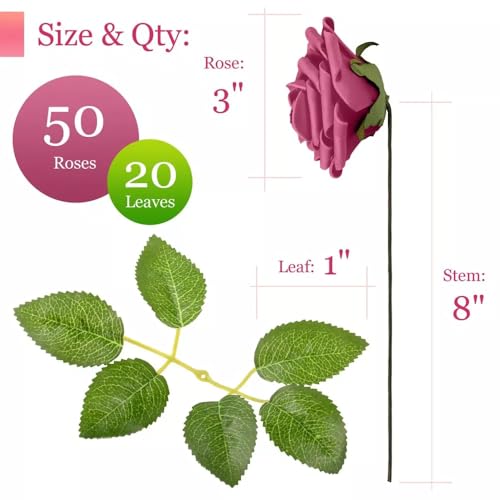 Artificial Purple Foam Roses with Stems & Leaves - Pack of 50, Perfect for Wedding Centerpieces, Event Decor, DIY Bouquets, and More - color: Purple