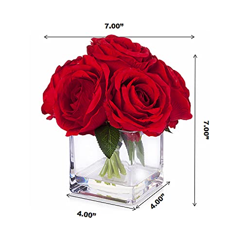 Enova Floral 7 Large Stems Artificial Silk Roses Fake Flowers Arrangement in Cube Glass Vase with Faux Water for Home Office Wedding Decoration (Red) - color: Red